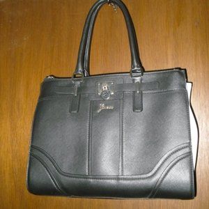 Black White Lock Guess Handbag Vegan Leather Locket Silver Hardware